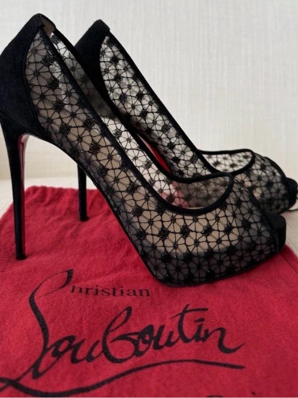Authentic Christian Louboutin Black Floral Lace Peep-Toe Stiletto Pumps